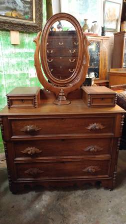 Antique 1800 S Cherry Vanity Dresser With Mirror Carved Details