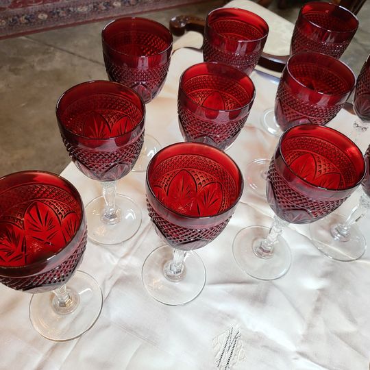 12 Vintage Crystal Ruby Red Wine Glasses Goblets Clear Glass Stem Long Valley Traders