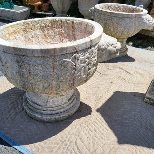 2 Antique Carved White Marble Large Garden Urns Planters - Long Valley ...